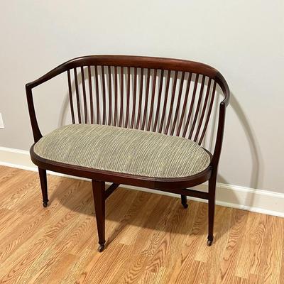 Mahogany Upholstered Windsor Style Bench With Wood Casters