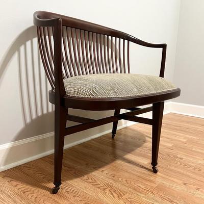 Mahogany Upholstered Windsor Style Bench With Wood Casters