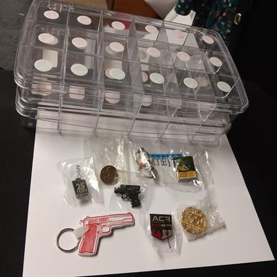FIREARMS ADVERTISING & OTHER PINS AND KEYCHAINS PLUS 2 SECTIONED BOXES