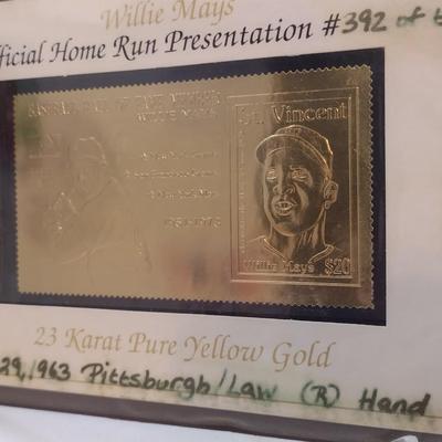 Willie Mays Hall of Fame Member Baseball Legends First Day Issue and 23K Gold Stamp July 1963