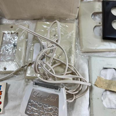 Vintage electronics, CD player, hard drives, plug covers