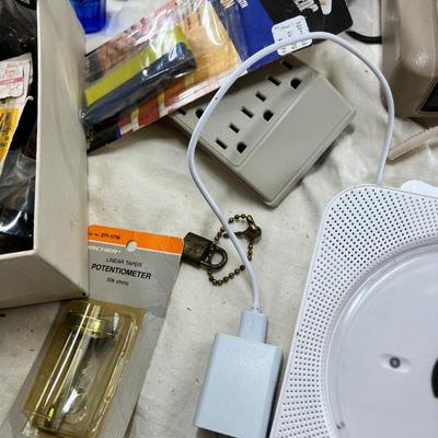 Vintage electronics, CD player, hard drives, plug covers