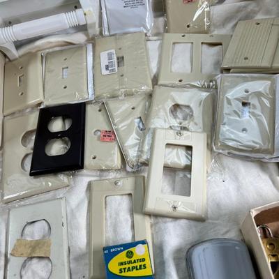 Vintage electronics, CD player, hard drives, plug covers