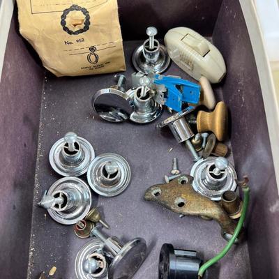 Vintage electronics, CD player, hard drives, plug covers