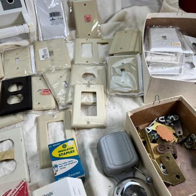 Vintage electronics, CD player, hard drives, plug covers