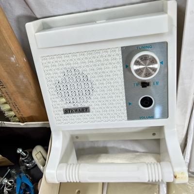 Vintage electronics, CD player, hard drives, plug covers