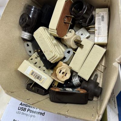 Vintage electronics, CD player, hard drives, plug covers