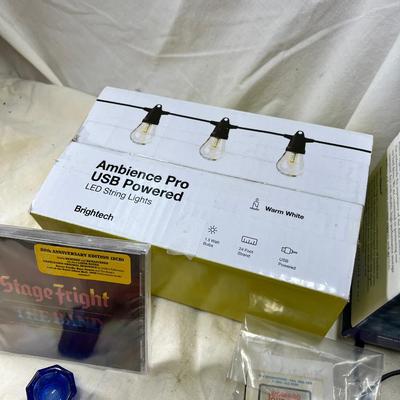 Vintage electronics, CD player, hard drives, plug covers