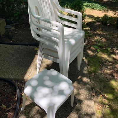 FOUR Clean Plastic Outdoor Chairs + Footstool