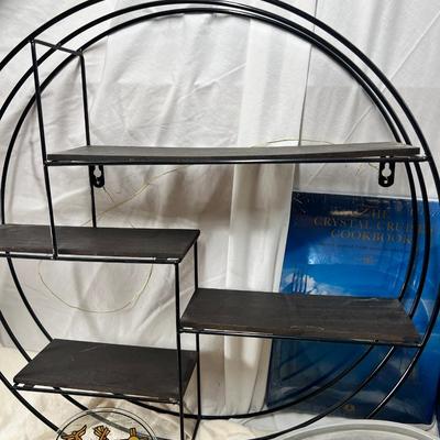Round metal Suff bottle display, 2 tier live edge bark display, Black white ceramic Skunk