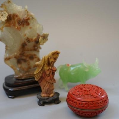 GROUPING OF ASIAN STYLE DECORATIVE. TO INCLUDE CINNABAR BOX., SOAPSTONE CARVED FIGURE