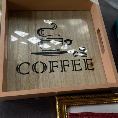 Decorative Square Wood Serving Tray with Handles, "Coffee" & Tea