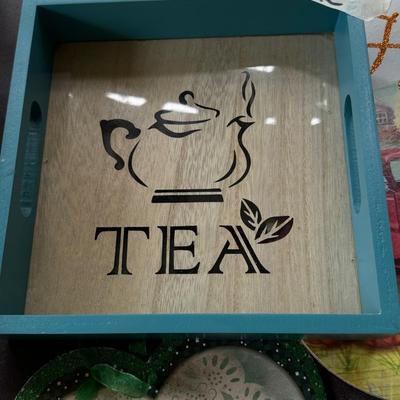 Decorative Square Wood Serving Tray with Handles, "Coffee" & Tea