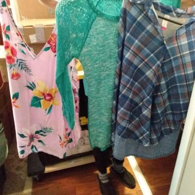 Pink floral spring top, green top blue plaid shirt