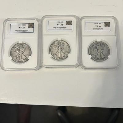 Lot of 3 LIBERTY WALKING U S COIN SILVER HALF DOLLARS