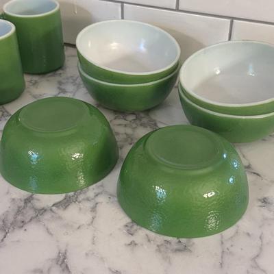 Vintage Emerald Green Milk Glass Mugs and Bowls