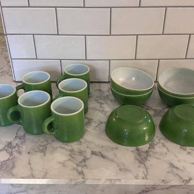 Vintage Emerald Green Milk Glass Mugs and Bowls