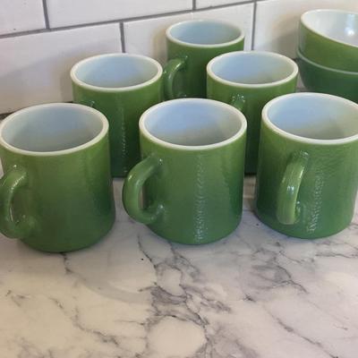 Vintage Emerald Green Milk Glass Mugs and Bowls