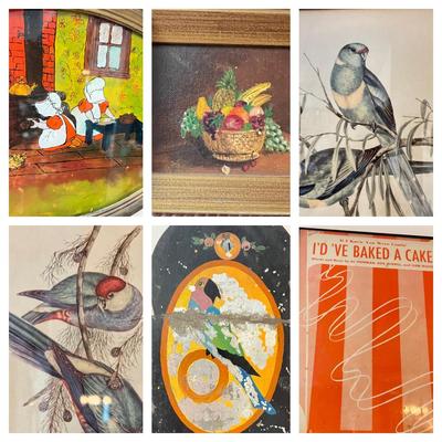 Antique Vintage Art Lot - Metal Hanging Candle Holder, Sheet Music, Oil Painting etc.