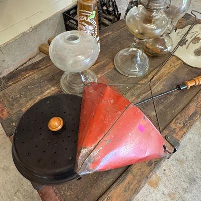 Table, Antique Trunk and hurricane lanterns