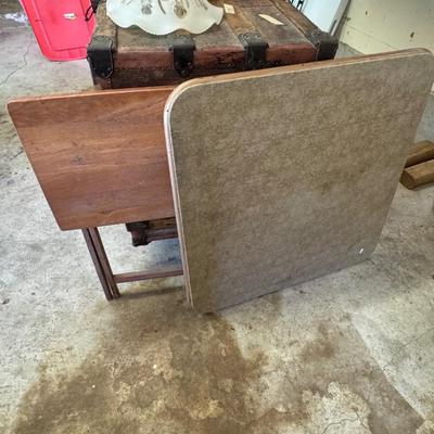 Table, Antique Trunk and hurricane lanterns