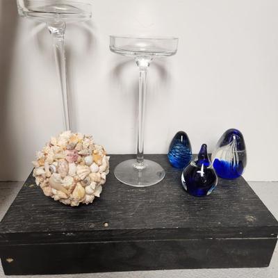 Candlesticks and paperweight lot