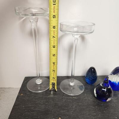 Candlesticks and paperweight lot