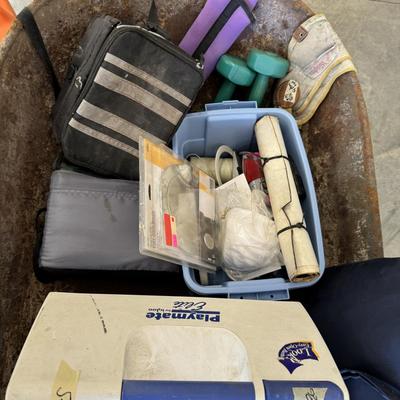 Wheelbarrow, lunch boxes, skeet thrower