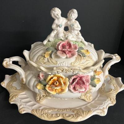 Vintage Italian Capodimonte Children and Roses Soup Tureen w/ Platter