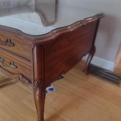 Bassett Wood Finish Side Table with Storage Drawer and Glass Top (Choice A)