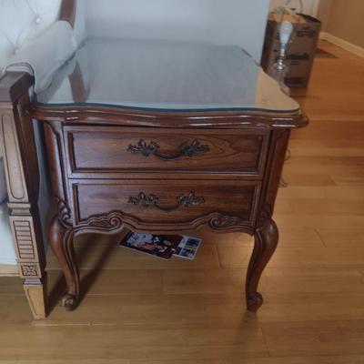 Bassett Wood Finish Side Table with Storage Drawer and Glass Top (Choice B)