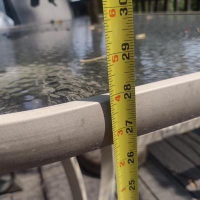Metal Frame Patio Table with Glass Top, Four Chairs, and Umbrella