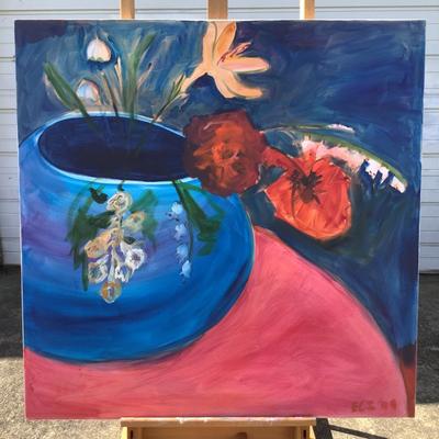 120 Poppies in Blue Vase Oil on Canvas by Ellen Into