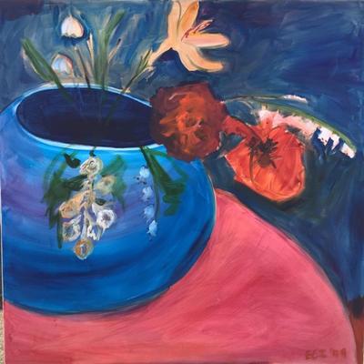 120 Poppies in Blue Vase Oil on Canvas by Ellen Into