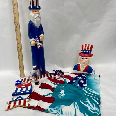 (6) items - 4th of July Lot #1 - Uncle Sam Figures, Statue of Liberty flag