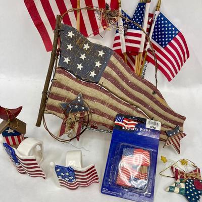 4th of July Lot #2 - Flag Wall Hanging, 2 ornaments, 2 flag napkin Holders, other small flags