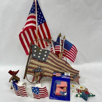 4th of July Lot #2 - Flag Wall Hanging, 2 ornaments, 2 flag napkin Holders, other small flags