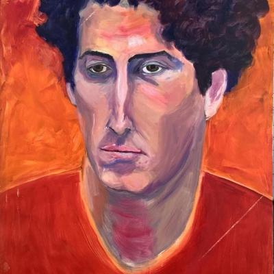 124 "Mark" Curly Hair Red Shirt Man Oil on Canvas Portrait by Ellen Into
