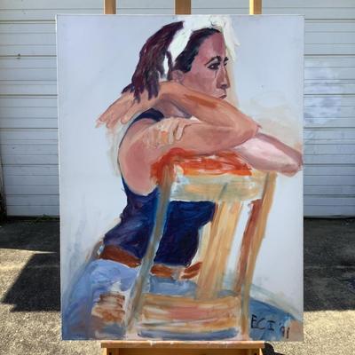 126 "Chelsea" Girl Sitting Backwards on Chair 1991 Oil on Canvas by Ellen Into