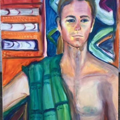 130 "Lance" Portrait of Shirtless Man w/Towel 1996 Oil on Canvas by Ellen Into