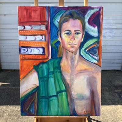130 "Lance" Portrait of Shirtless Man w/Towel 1996 Oil on Canvas by Ellen Into