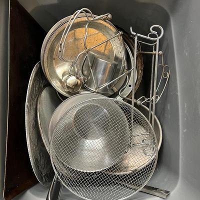 Tote of Metal Kitchenware