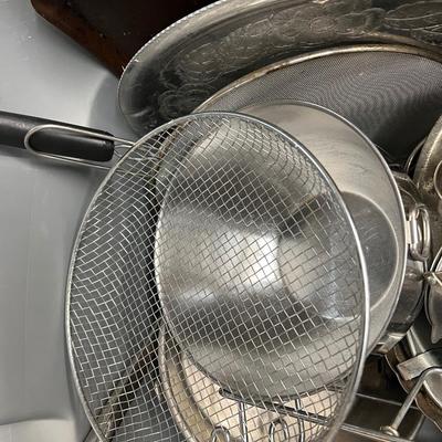 Tote of Metal Kitchenware