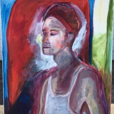 131 "Jimmie" Portrait of Man in White Tank Top, Red Cap Oil on Canvas by Ellen Into