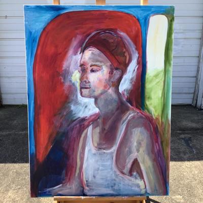 131 "Jimmie" Portrait of Man in White Tank Top, Red Cap Oil on Canvas by Ellen Into