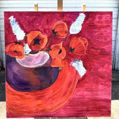 135 Poppies & Delphinium In Purple Vase 2005 Oil on Canvas by Ellen Into