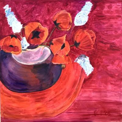 135 Poppies & Delphinium In Purple Vase 2005 Oil on Canvas by Ellen Into