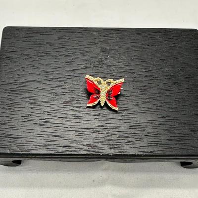 Vintage Butterfly Pin Red Hand Painted Enamel Clear Stones Pendant Brooch 1"