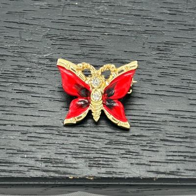 Vintage Butterfly Pin Red Hand Painted Enamel Clear Stones Pendant Brooch 1"