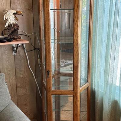 65 CURIO CABINET 3 SIDED OAK & GLASS 73" TALL